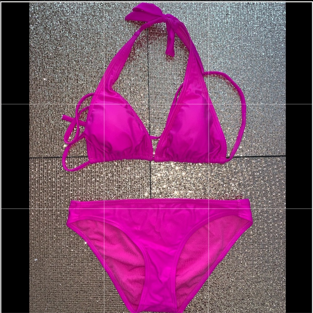 Hot pink triangle swimsuit top and bottom bikini